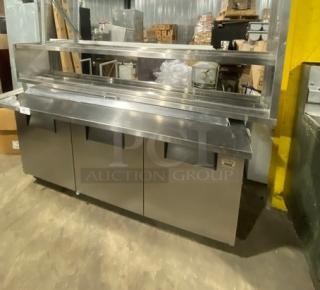 True Commercial Stainless Steel 3 Door Refrigerated Salad/Sandwich Prep Table! With Double Overhead Shelf! Model QA7230MB Serial 14509450! 115V 1 Phase! On Casters! - Item #1223027