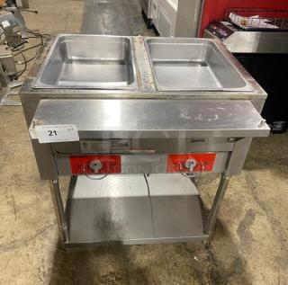 Omcan FZ06B1 commercial electric 2-bay steam table, stainless steel, with storage space underneath, used condition, 120V.