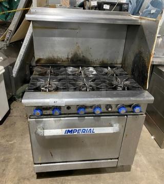 Imperial Commercial Stainless Steel Natural Gas Powered 6-Burner Range/Oven Combo! With Back & Right-Side Splash! With Overhead Salamander Shelf! With Wired Oven Rack! On Casters! - Item #1223030