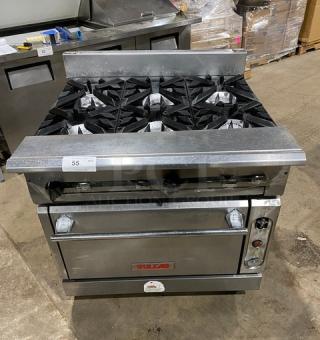 Vulcan Commercial Natural Gas Powered 6 Burner Stove! With Full Size Oven Underneath! All Stainless Steel! On Casters! - Item #1223038