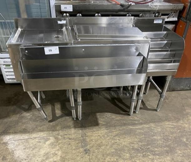 NBR Stainless Steel Under Bar Sink, Model LD1218, with left-side draining table and right-side bottle display, on legs.