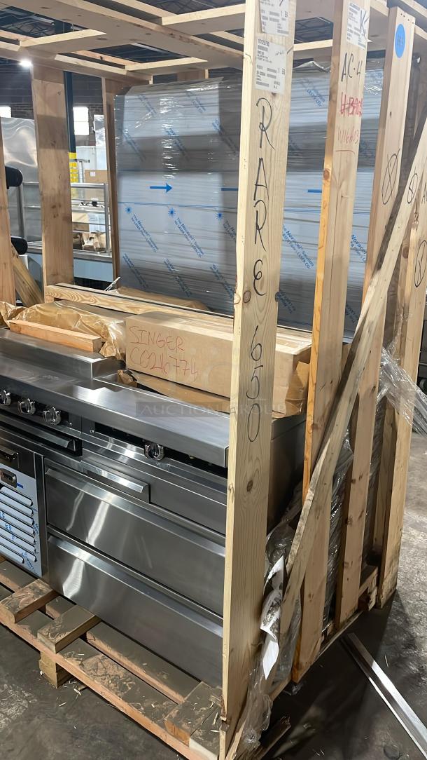 Brand new Jade Range JURH-CHP combo unit, natural gas, in crate. Includes 24" char broil grill, plancha grill, refrigerated chef base.