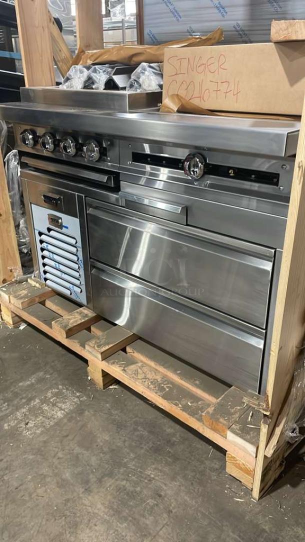 Brand new Jade Range JURH-CHP combo unit, 24" char broil grill, plancha, 2-drawer fridge base, stainless steel backsplash.