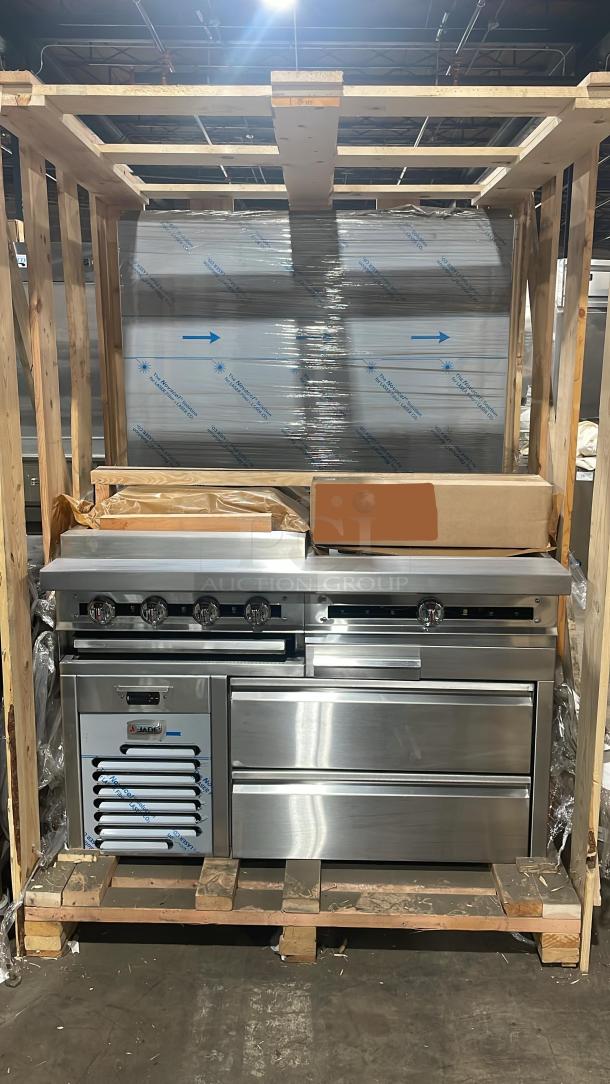 Brand new Jade Range JURH-CHP combo unit, featuring a 24" char broil grill, 24" plancha, and 2-drawer refrigerated chef base, in crate.