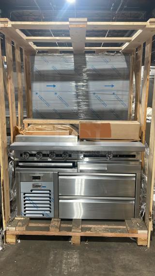 Brand new Jade Range JURH-CHP combo unit, featuring a 24" char broil grill, 24" plancha, and 2-drawer refrigerated chef base, in crate.