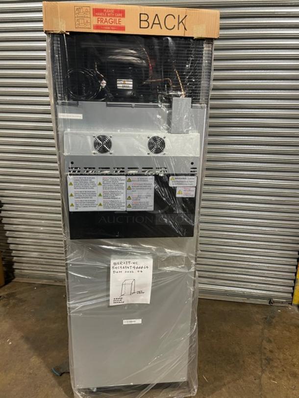 Blue Air BSR23T one-door top mount reach-in cooler, new condition, scratch-n-dent, 115V, on casters, with labels visible.