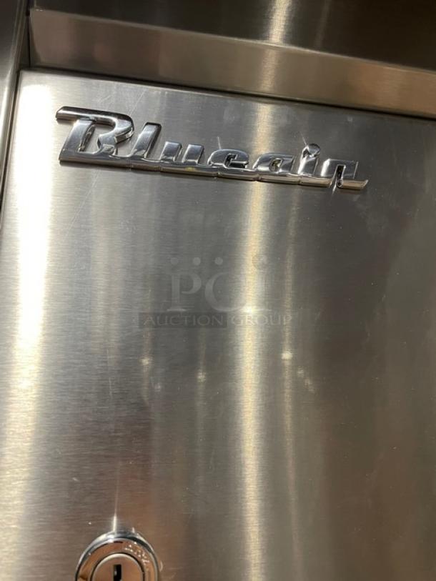 Blue Air BSR23T logo on stainless steel one-door reach-in cooler, new condition, 115V, 1 phase, on casters, model BSR23T.