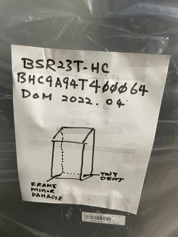 Blue Air BSR23T one-door top mount reach-in cooler, 115V, on casters. Minor frame damage noted. Serial BHC9A94T400064.