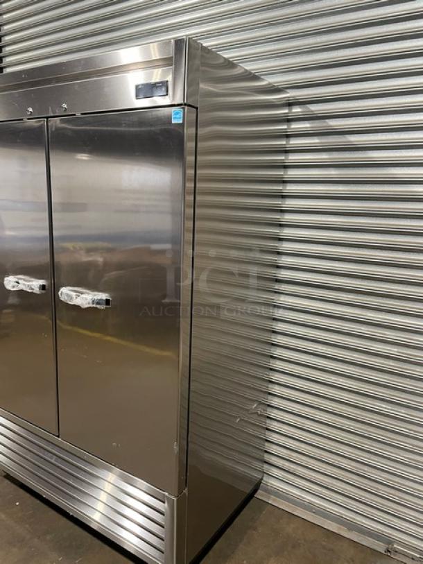 Blue Air BSF49-HC stainless steel reach-in freezer; 2 solid doors; new scratch-and-dent; on casters; model number and brand label visible.