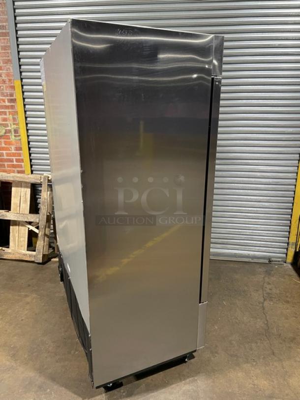 Blue Air BSF49-HC stainless steel reach-in freezer, new scratch-n-dent, on casters, solid door, 115V, 1 phase.