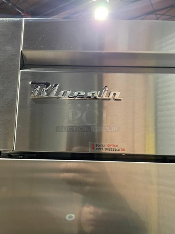 Blue Air BSF49-HC stainless steel reach-in freezer on casters, new condition, visible logo and power switch label.