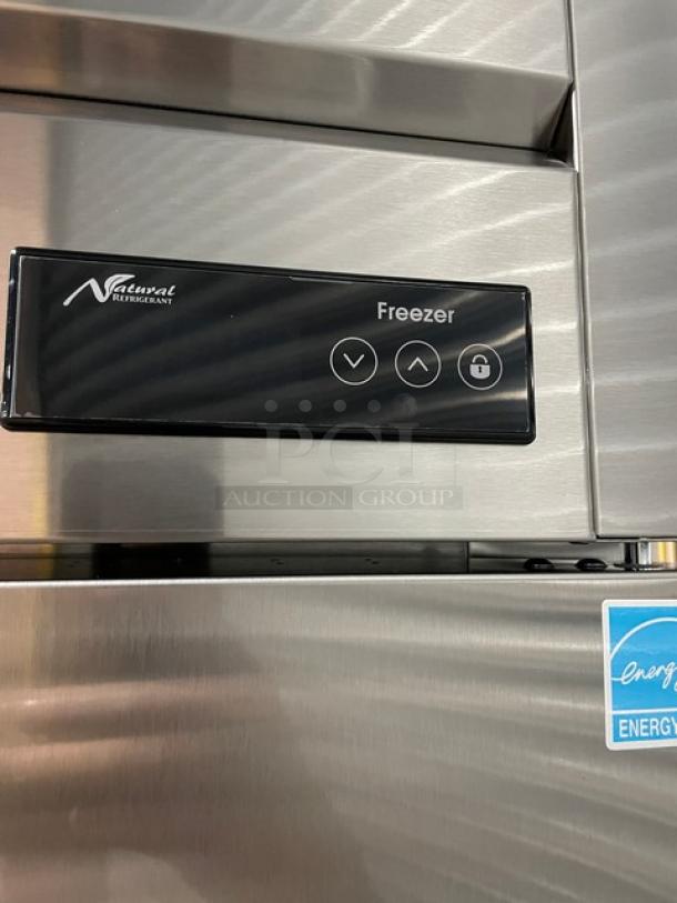 Blue Air 2 Solid Door Stainless Steel Reach-In Freezer, Model BSF49-HC, with digital controls and caster wheels.
