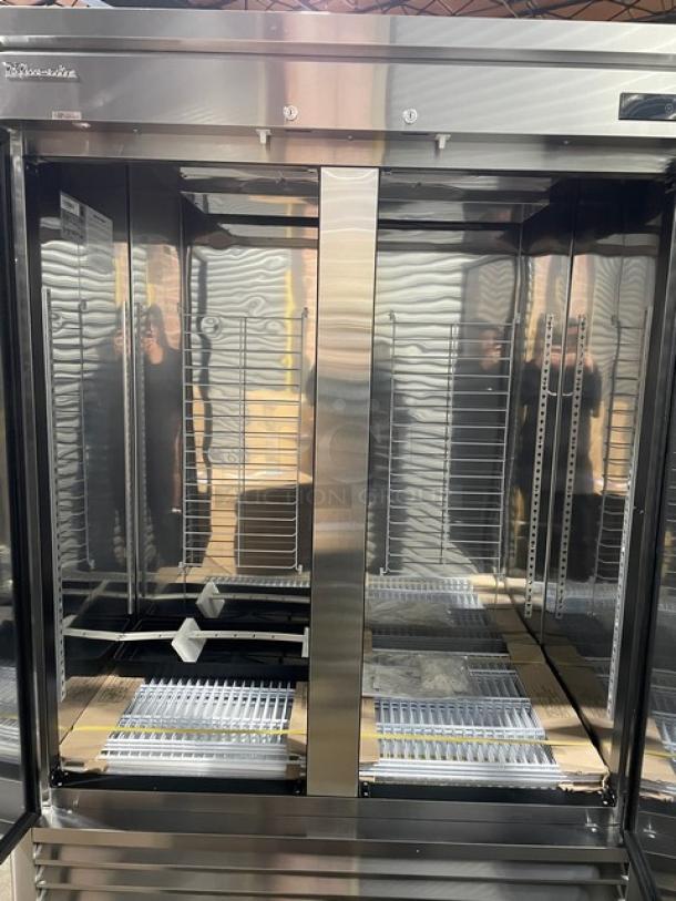 Blue Air BSF49-HC stainless steel reach-in freezer, dual solid doors, on casters, new condition, minor scratches.