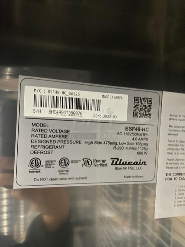 Blue Air BSF49-HC stainless steel reach-in freezer, 115V, 1 Phase, on casters, scratch-n-dent condition, serial BHC4A94T300070.