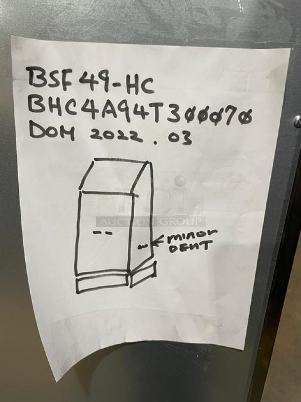 Blue Air BSF49-HC stainless steel freezer, 2 solid doors, new scratch-n-dent, on casters, minor dent shown, 115V 1 phase.