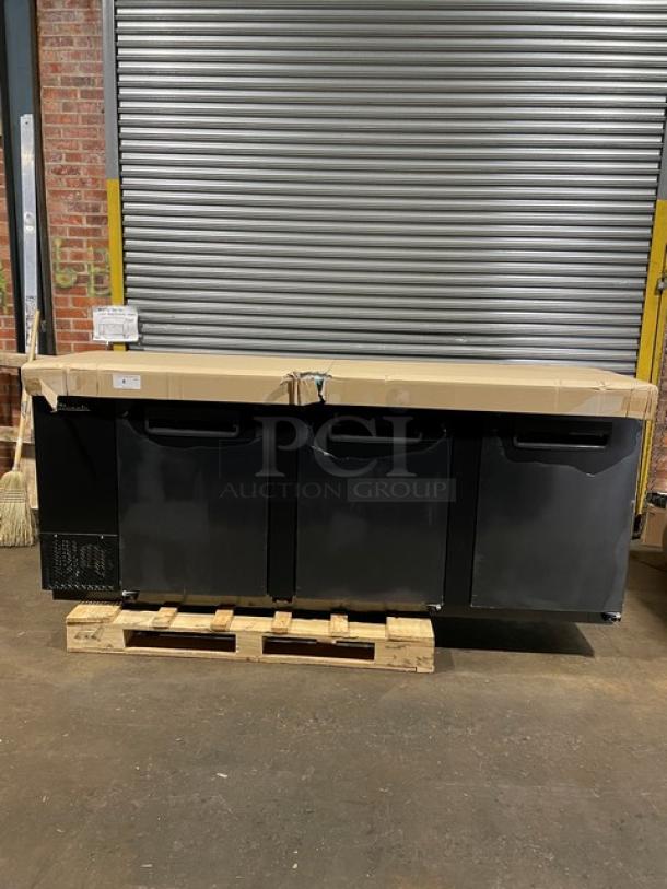 Blue Air 3 Solid Door Kegerator, Model BDD90-4D, new with minor scratches. Black finish, 115V 1 Phase, on pallet.