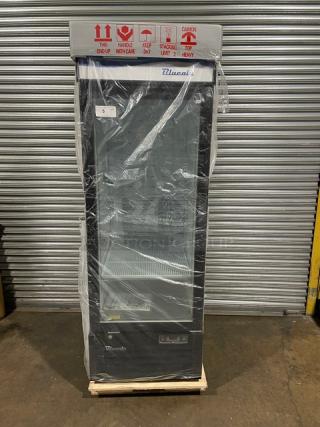 Blue Air glass door reach-in freezer model BKGF23-HC, new condition, on casters, 115V, 1 phase, visible handling labels.