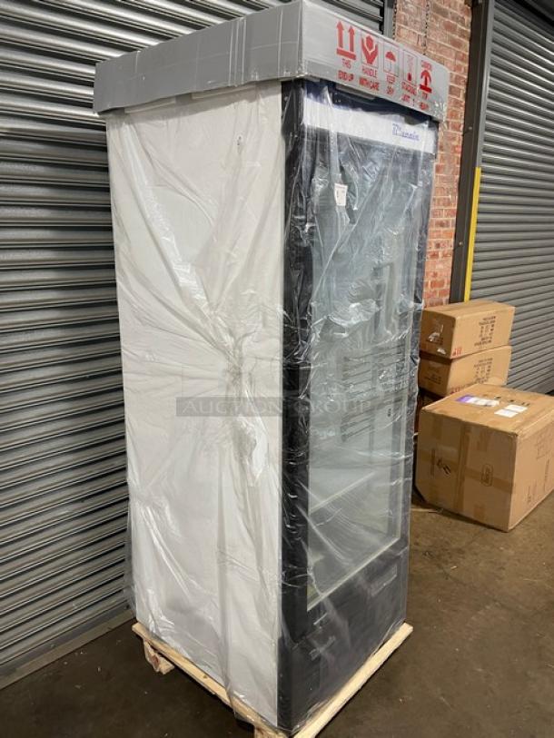 NEW Scratch-N-Dent Blue Air One Glass Door Reach-In Freezer Model BKGF23-HC, 115V, on casters, wrapped with visible labels.