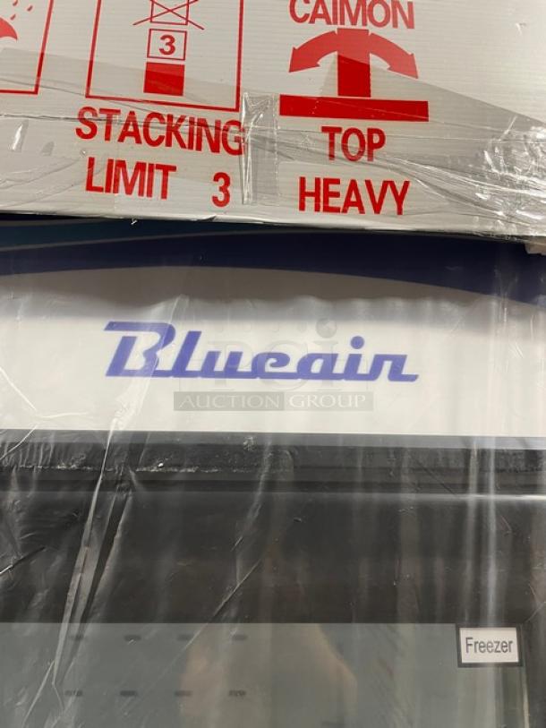 Blue Air BKGF23-HC glass door reach-in freezer, new scratch-n-dent condition, on casters, model info visible, 115V 1 Phase.