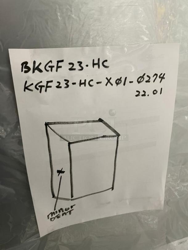 New Blue Air model BKGF23-HC glass door reach-in freezer, minor dent noted, serial KGF23HCX010274, 115V 1 Phase, on casters.