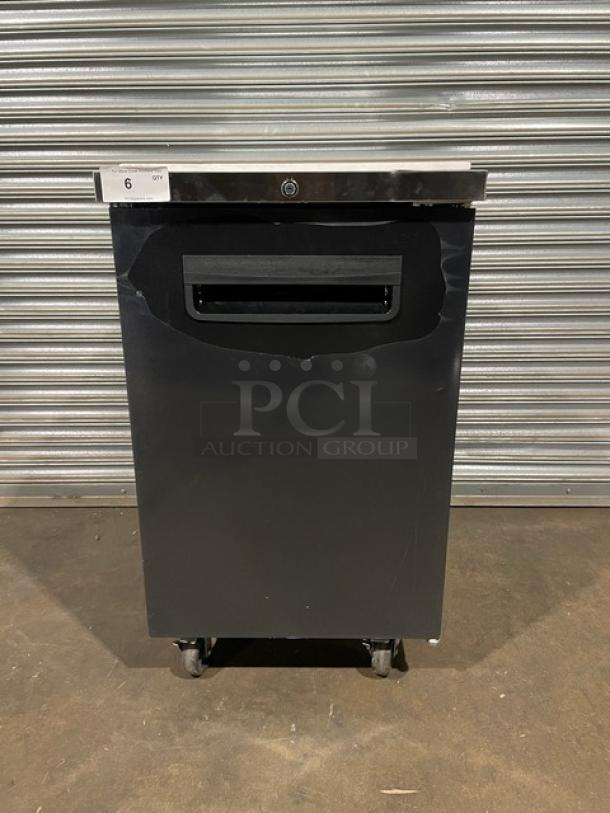 Blue Air BBB23-1B bar back cooler with stainless steel worktop, new scratch-and-dent, 115V, on casters, serial IWWBABB23HC0002.