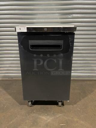 Blue Air BBB23-1B bar back cooler with stainless steel worktop, new scratch-and-dent, 115V, on casters, serial IWWBABB23HC0002.