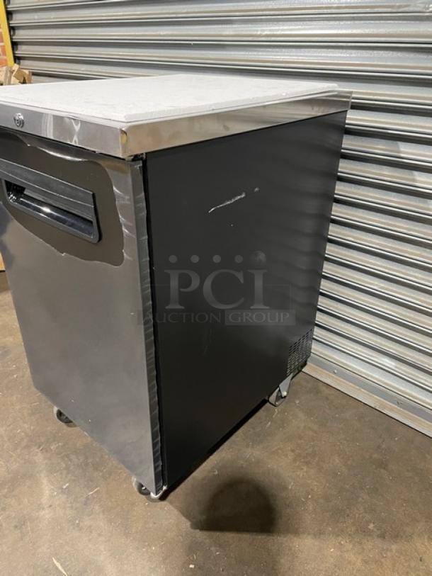 Blue Air BBB23-1B one-door bar back cooler, scratch-n-dent, stainless steel top, 115V, on casters, serial IWWBABB23HC0002.