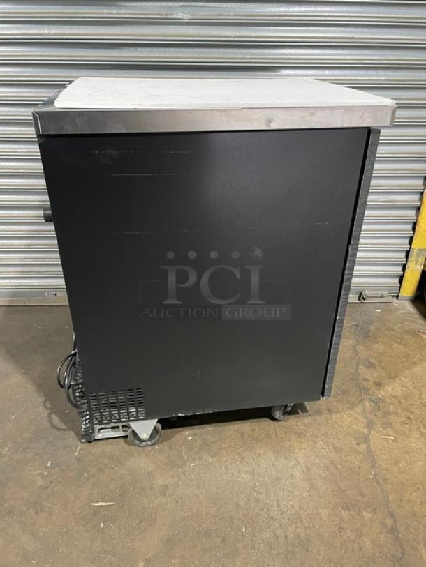 BLUE AIR BBB23-1B one-door bar back cooler, new scratch-n-dent, stainless steel top, on casters, Model BBB23-1B, 115V.