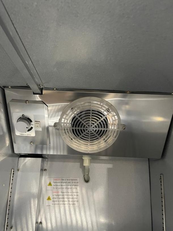 BLUE AIR BBB23-1B bar back cooler interior. Features fan, control panel, stainless steel work top, scratch-n-dent condition.