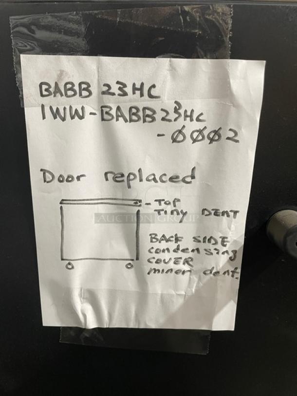 Blue Air BBB23-1B bar back cooler, scratch-n-dent condition. Features stainless steel work top, casters, 115V 1Phase. Door replaced. Note indicates top tiny dent and minor back dent. Serial: IWWBABB23HC0002.