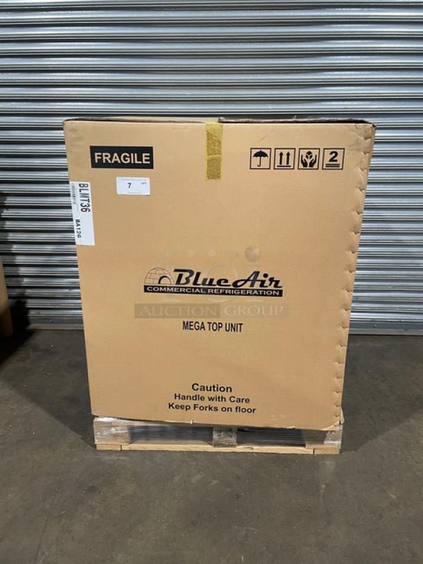 Blue Air 36" Sandwich Prep Table, Model BLMT36, brand new in box, scratch-and-dent condition, 115V, on casters.