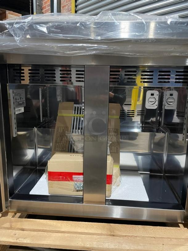Brand new Blue Air 36" Mega Top Sandwich Prep Table, model BLMT36, on casters, refrigerated, 115V 1Phase, in box.
