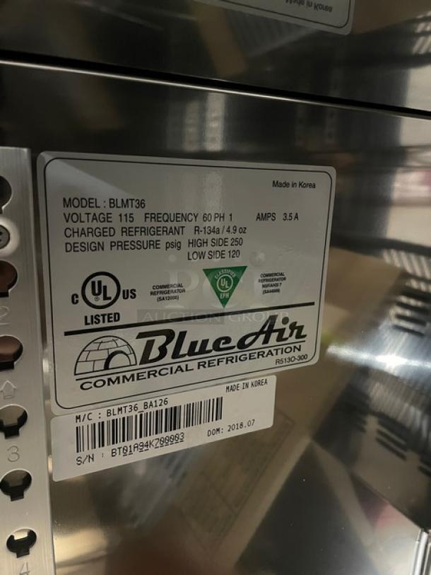 Blue Air 36" Refrigerated Sandwich Prep Table, Model BLMT36, brand new, on castors, 115V, UL listed, made in Korea.