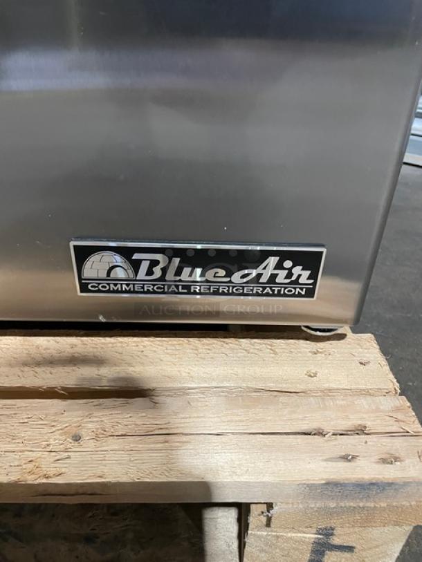 Blue Air BLMT36 Refrigerated Mega Top Sandwich Prep Table, new, 36", 115V 1Phase, with visible brand logo and caster wheels.