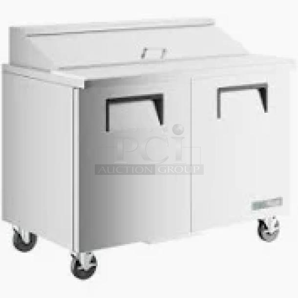NEW TRUE 48" Refrigerated Sandwich Prep Table, Model TSSU-48-12HC, 115V, 1 Phase, on commercial casters, in box.