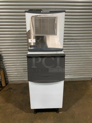 Scotsman NS0422A-1B Prodigy Plus nugget ice machine, new, 420 lbs capacity, on new ice bin, air-cooled, 115V, on legs.