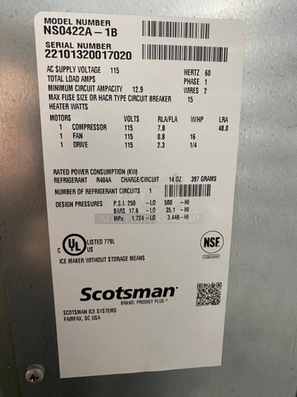 Description label of Scotsman Prodigy Plus Nugget Ice Machine, Model NS0422A-1B, Serial 22101320017020, 115V, 1 Phase.