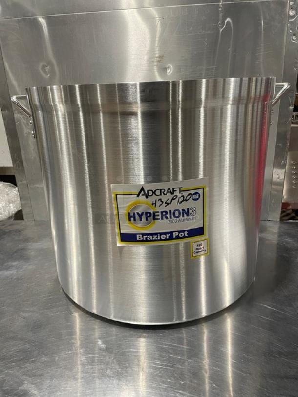 Adcraft Hyperion 3 Series 120-Quart Brazier Pot, Model H3SP120, new, stainless steel, with handles and label.