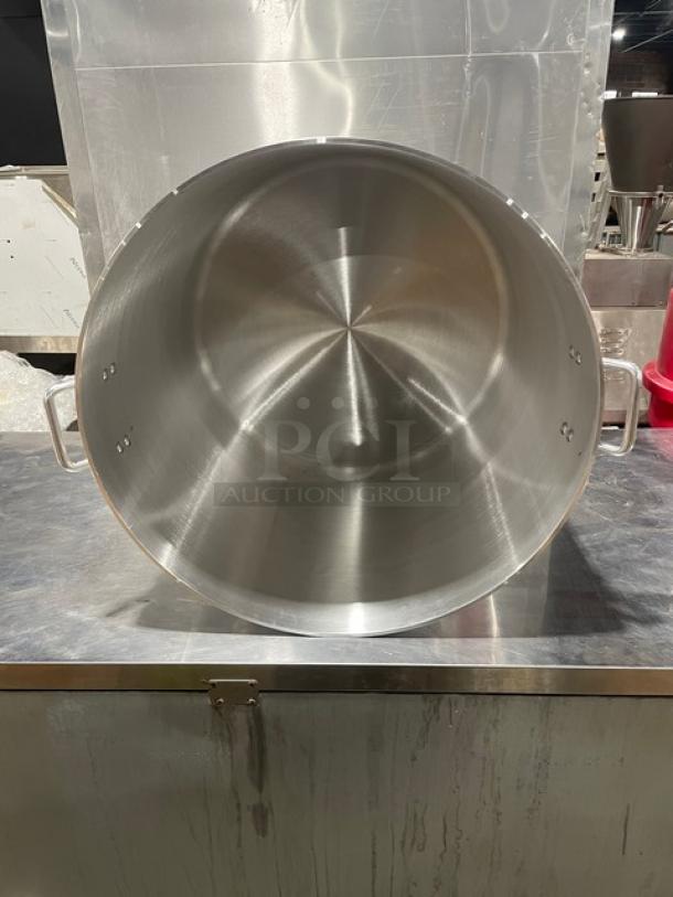 Brand new Adcraft 120 Quart Brazier Pot, Hyperion 3 Series, Model H3SP120, with handles, stainless steel finish.