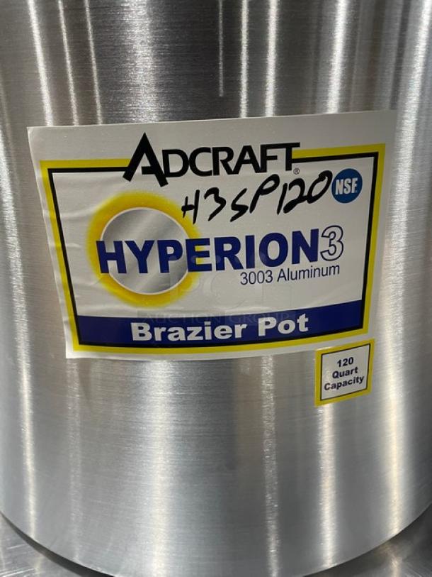 Adcraft 120 Qt Brazier Pot, Model H3SP120, Hyperion 3 Series, 3003 Aluminum, New Condition, with Handles.