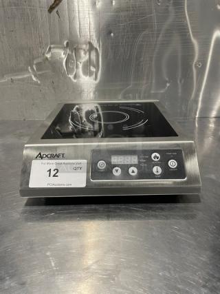 Adcraft INDB120V single burner induction cooker, stainless steel, new condition, digital controls, model and serial visible.