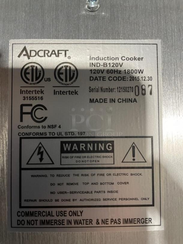 Adcraft INDB120V induction cooker, stainless steel body, new condition, commercial use, 120V 1800W, serial 12150270, made in China.