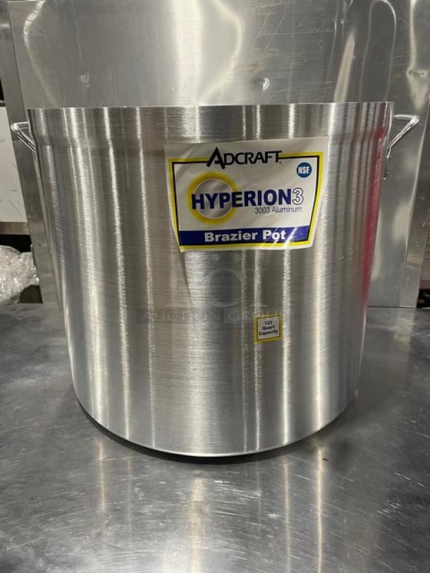 Brand new Adcraft Hyperion 3 Series 120 Quart Brazier Pot, Model H3SP120. Made of 3003 aluminum with handles, NSF certified.