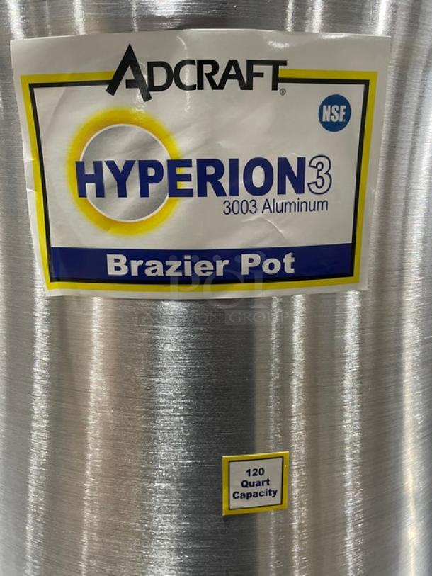 Adcraft Hyperion 3 Series Brazier Pot, model H3SP120, 120-quart, 3003 aluminum, brand new with handles, NSF certified.