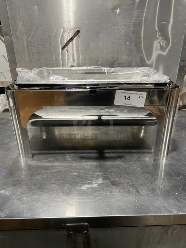 Stainless steel chafing dish with handles and drop-in pan, brand new in condition. Auction tag marked "14 QTY."