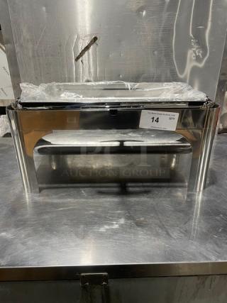Stainless steel chafing dish with handles and drop-in pan, brand new in condition. Auction tag marked "14 QTY."