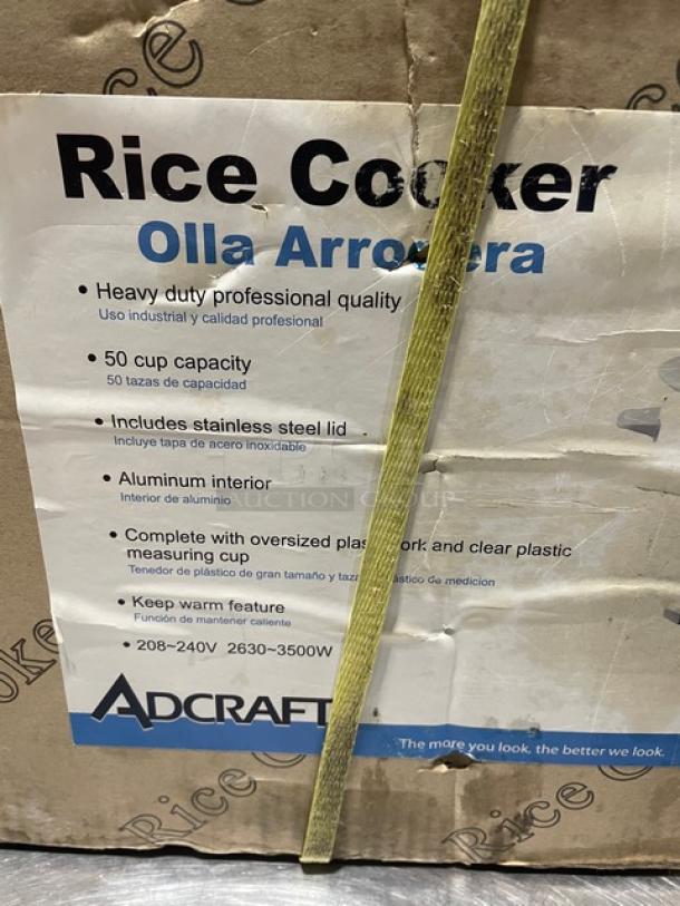 Adcraft countertop rice cooker, 50-cup capacity, brand new in box. Features stainless steel lid, aluminum interior, 208/240V.