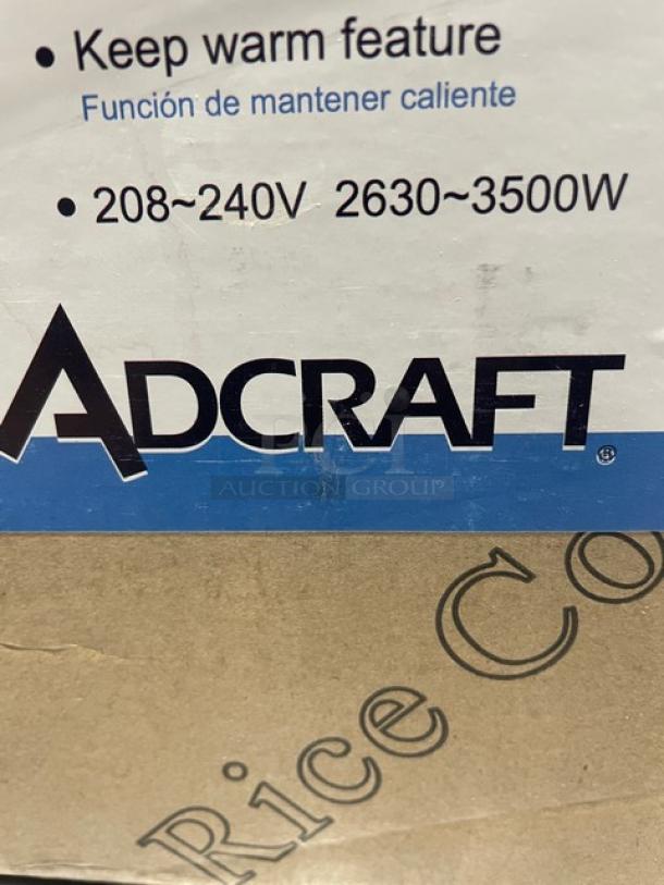 Adcraft 50-Cup Rice Cooker/Warmer, brand new in box, stainless steel lid, aluminum interior, 208/240V, 2630-3500W.