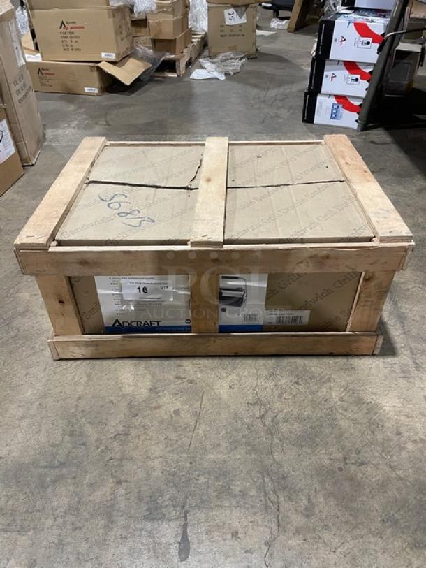 New Adcraft SG-813 countertop dual panini press, stainless steel, in wooden crate. Features cast iron grooved plates, dual temp controls.