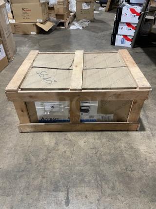 New Adcraft SG-813 countertop dual panini press, stainless steel, in wooden crate. Features cast iron grooved plates, dual temp controls.